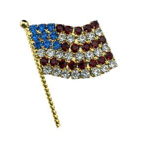 Rhinestone American Flag Brooch Pin USA Patriotic Jewelry Gold-Tone Red White Bl